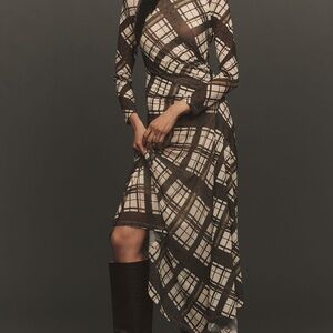 Anthropologie Long Sleeve Ruched Mesh Midi Dress - Brown Plaid